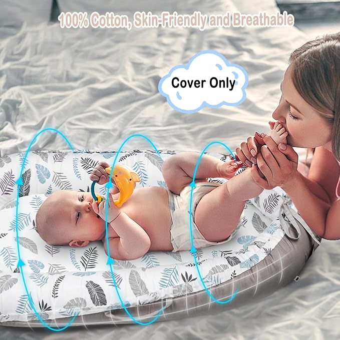Baby Lounger Cover Only for Newborns, 100% Cotton Soft Portable Baby Nest Lounger Cover, Breathable Infant Lounger Replacement Cover, Lounger Pillow Cover Fit for Snuggle Me, Cover Only(Leaf Pattern)-CubbioJoy