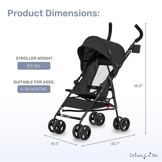 Dream On Me Rover Convenience Baby Stroller in Black, Lightweight & Compact Umbrella Stroller, Easy one-Hand fold Travel Stroller, Lockable Rear Wheels, Removable & Adjustable Canopy-CubbioJoy