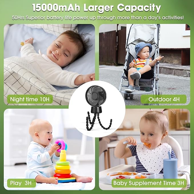 50H Portable Stroller Fan, 15000mAh Ultra-Long Battery Powered Rechargeable Personal Fans, Tripod Clip Fan with Auto Rotation，3 Speed Desk Handheld Cooling for Travel Car Seat Bedroom-CubbioJoy