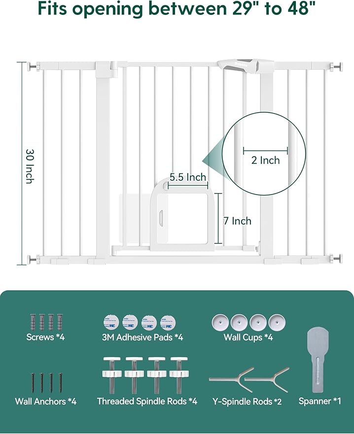 Babelio 29-48" Extra Wide Baby Gate with Adjustable Cat Door,Easy Install Pressure/Hardware Mounted,Auto Close Pet door for Stairs,House,Doorways,Effortless Walk Thru,White-CubbioJoy