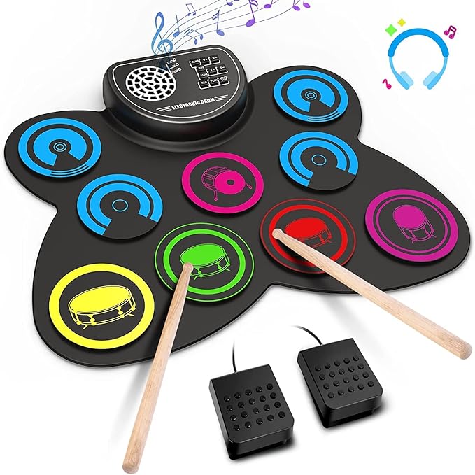 9-Pads Electronic Drum Set with Headphone Jack Speaker Drumsticks & Pedals, Holiday Gifts for Kids-CubbioJoy