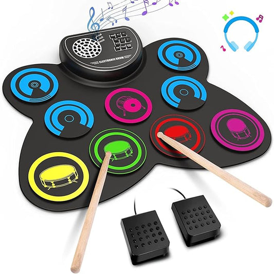 9-Pads Electronic Drum Set with Headphone Jack Speaker Drumsticks & Pedals, Holiday Gifts for Kids-CubbioJoy