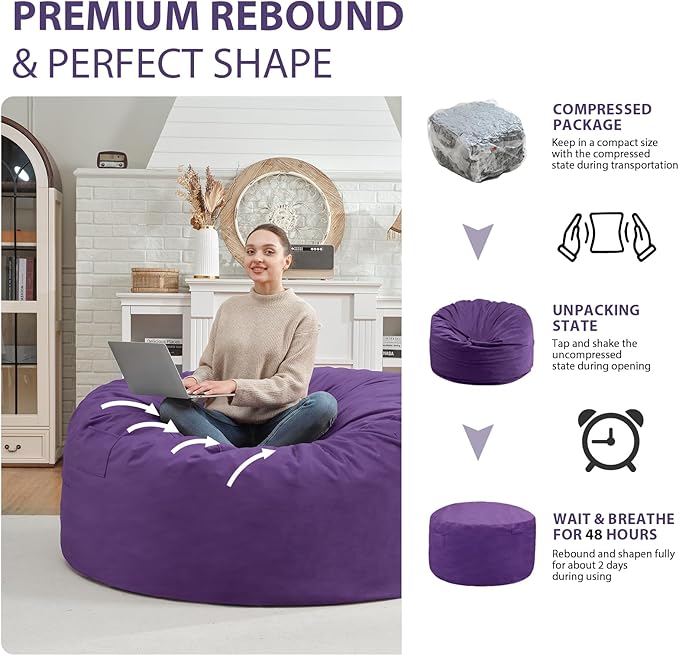 3FT Bean Bag Chair, Comfy Bean Bag Chairs with Memory Foam Filled, Fluffy Beanbag Sofa with Dutch Velvet Cover, Round BeanBag Chairs for Living Room, Playroom - Purple-CubbioJoy
