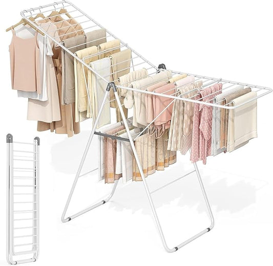 APEXCHASER Clothes Drying Rack, Foldable Drying Rack Clothing, Sturdy Metal Laundry Drying Rack, Height-Adjustable Gullwing, Easy to Fold, Space-Saving, for Indoor Outdoor, White-CubbioJoy