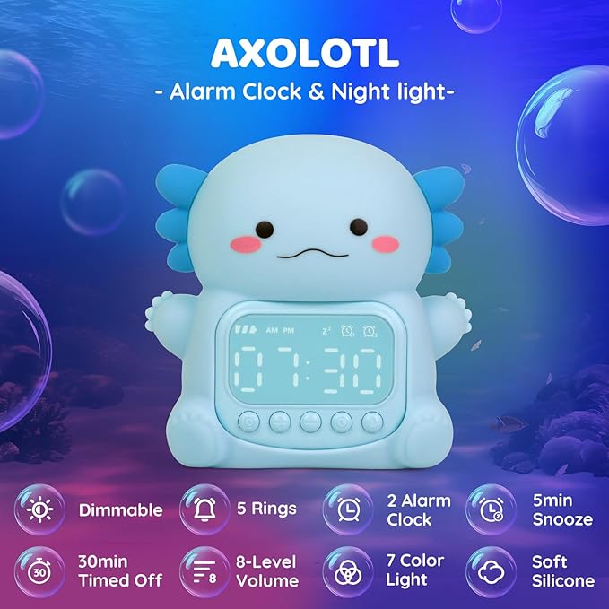 Axolotl Alarm Clock with Night Light for Kids, Rechargeable Silicone Lamp Time to Wake Clock Cute Animal Tabletop Lamp, Perfect Sleep Companion for Boys Girls, Blue-CubbioJoy