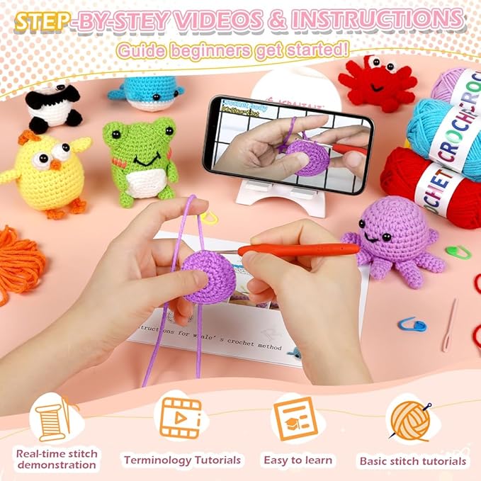 6 PCS Crochet Animal Kit –2026 DIY Amigurumi Crochet Kit for Beginners, Knitting Crochet Kit For Kids Adults , Knitting Kit with detailed videos tutorials, Yarn, Hook, Best Gift For Crochet Lovers-CubbioJoy