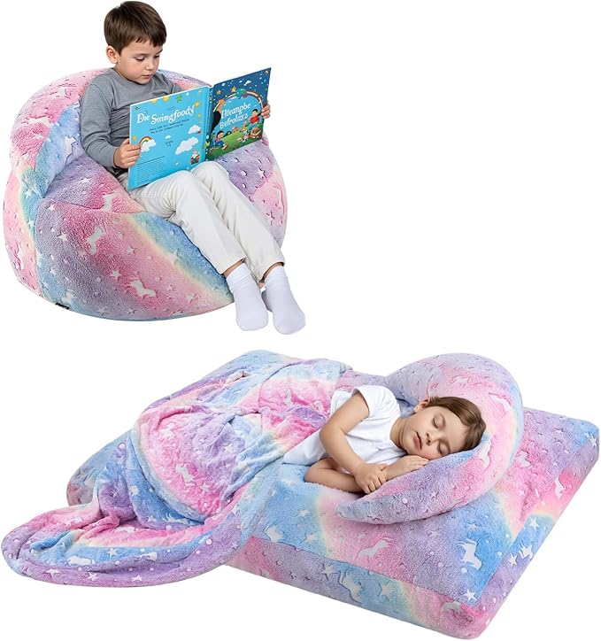 COMAX Bean Bag Chair for Kids, Convertible Toddler Beanbag Bed Unicorn, Children Bean Chair Stuffed to Floor Mattress with Filler, Growing Colorful Rainbow-CubbioJoy