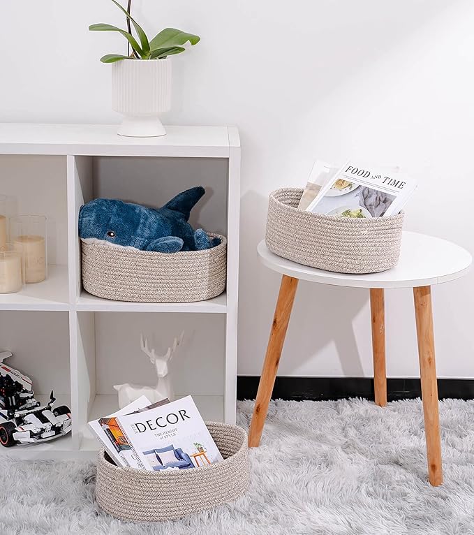 Cute Shelf Basket to Store and Organize Household Items/Baskets&Bins for Daily Storage &Organizing/Woven Rope Basket for Living Room, Playroom/Small Oval-13x8.66x5.11’’,3 Packs Light Brown-CubbioJoy