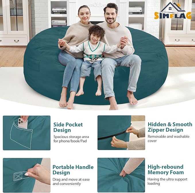 7FT Bean Bag Chair, Large Bean Bag Chairs with Memory Foam Filled, Fluffy Beanbag Sofa with Dutch Velvet Cover, Round BeanBag Chairs for Living Room, Playroom - Sea Blue-CubbioJoy