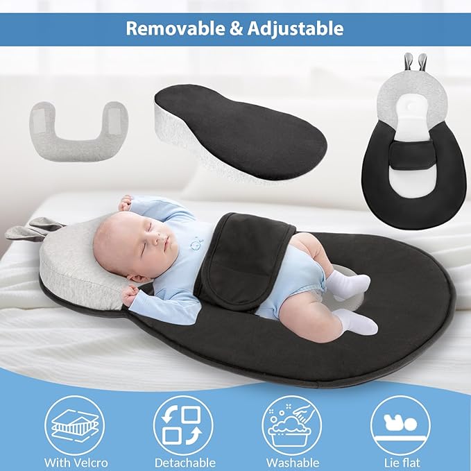 Baby Lounger,Pillow with Safety Straps, Dual-Function Removable Machine-Washable Pad, Lightweight & Portable（Gray）-CubbioJoy