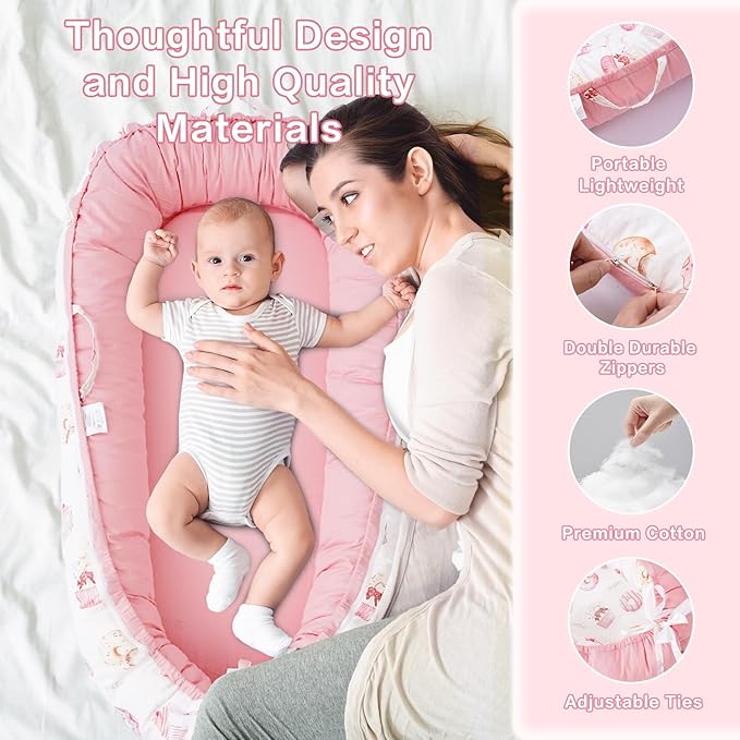 Baby Lounger - Infant Lounger for Newborn 0-24 Months, Breathable & Soft Baby Lounger Cover, Portable Infant Lounger for Home and Travel, Babies Essentials Gifts - Pink-CubbioJoy