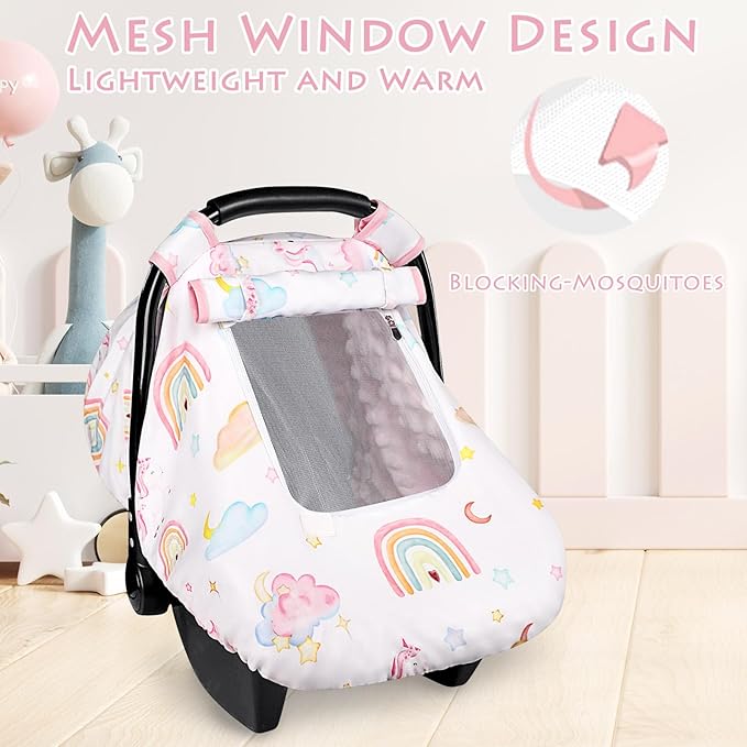 Baby Carseat Cover Girls, Pea Pod Unicorn Infant Car Seat Covers Canopy for Newborn with 2 Layers Windows of Breathable Mesh/Fabric, Lightweight Polyester/Minky Dot Backing, Snug Fit-CubbioJoy