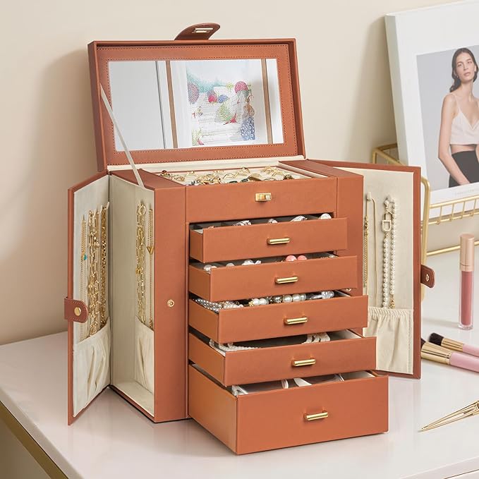 AKOZLIN Huge Jewelry Box Organizer Functional Large Leather Jewelry Storage Case for Women Girls Ring Necklace Earring Bracelet Holder Organizer with Mirror-CubbioJoy