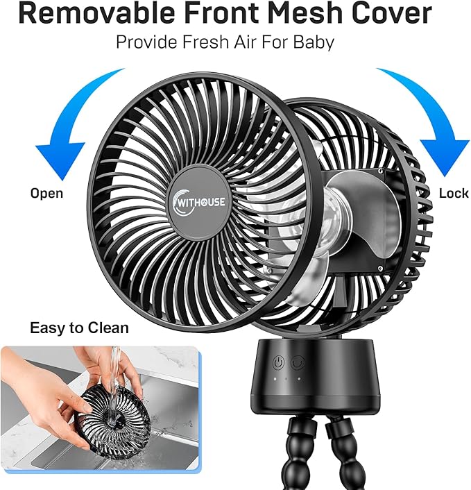 20000mAh Portable Stroller Fan, 120° Auto Oscillation, 3-IN-1 with Power Bank LED Light Detachable Flexible Tripod Rechargeable Battery Powered Clip On Fans Desk for Baby Crib Car Seat Travel-CubbioJoy