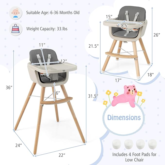 BABY JOY Baby High Chair, 3-in-1 Convertible Wooden Highchair for Babies & Toddlers, Infant Feeding Chair w/ 5-Point Safety Harness, Footrest, Adjustable Legs, Removable Tray & PU Cushion (Dark Gray)-CubbioJoy
