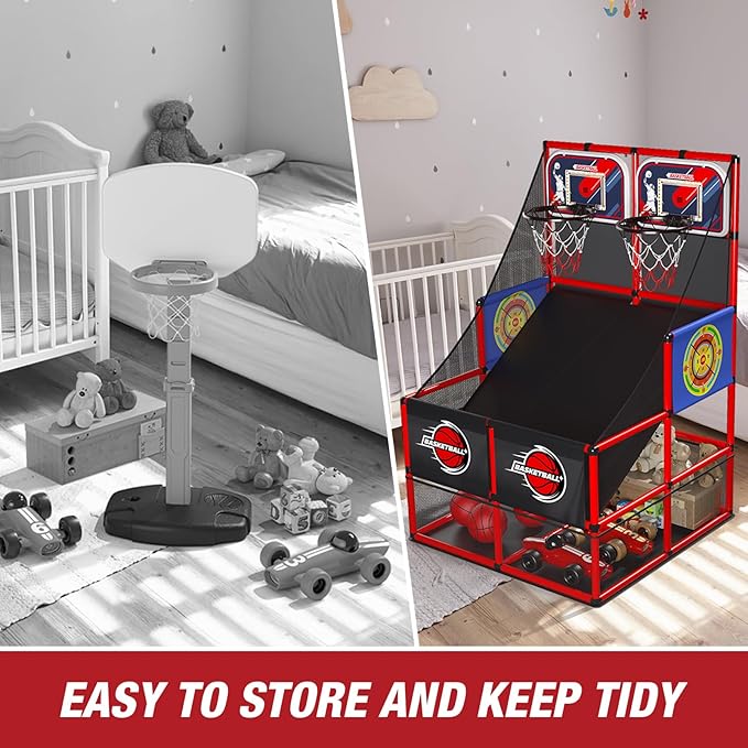 2 in 1 Dual Shot Basketball Arcade Game with 2 Dart Boards/Electronic Scoreboard/LED Light, Kids Basketball Hoop for Home Indoor Outdoor, Sport Toys Gifts for Boys Girls-CubbioJoy