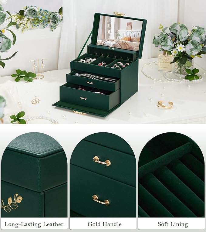Jewelry Box with Lock for Girls: Jewelry Organizer for Dresser - 3-Drawer Earrings Storage Girls Women Gift (Dark Green)-CubbioJoy