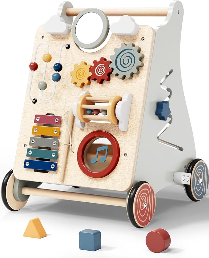 Baby Push Walker with Detachable Busy Board, Wooden Baby Walker with Adjustable Speed Wheels, Montessori Push Walker for Babies, Push Walking Toys for Boys & Girls 1 Year Old, Gifts for Toddler-CubbioJoy