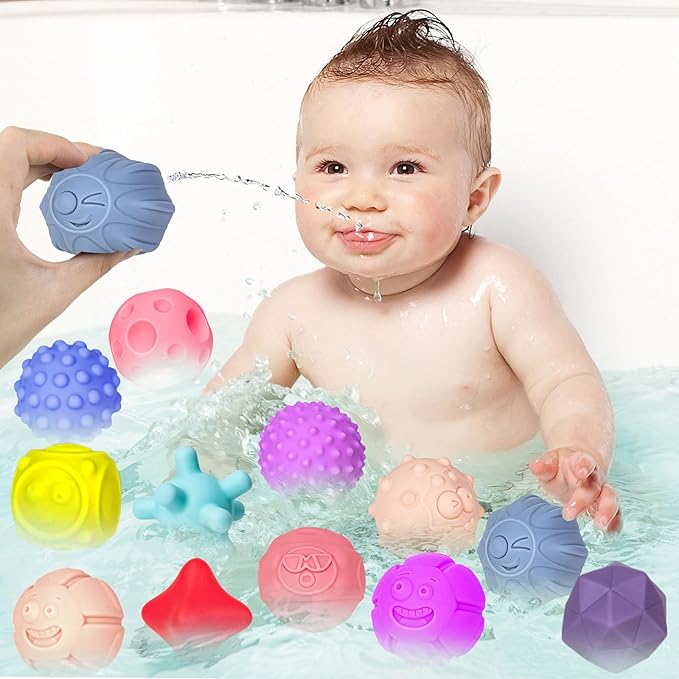 24 Pcs Sensory Balls for Toddlers, Sensory Baby Toys, Montessori Toy for Babies Squeeze, Infant Toys Soft Multi Ball Set Gifts with Bright Color Textured-CubbioJoy