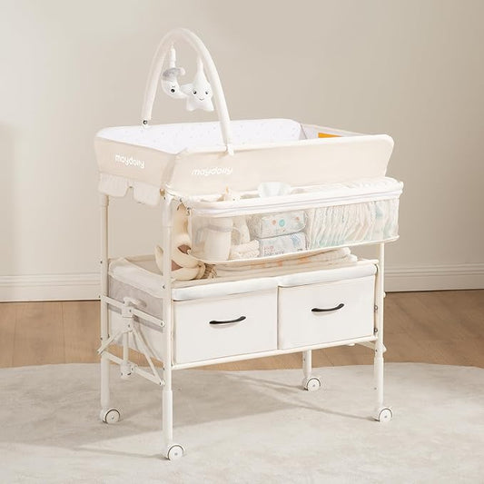 Baby Changing Table with Wheels, Maydolly Portable Foldable Changing Table, Waterproof Diaper Changing Station, Adjustable Height Changing Station, Mobile Nursery for Newborn and Infant (Beige)-CubbioJoy