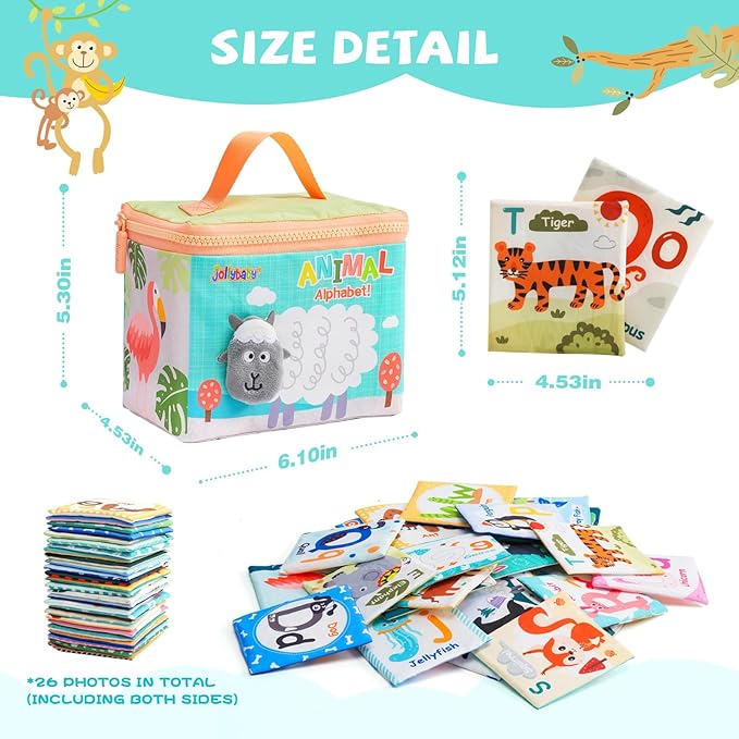 Jollybaby Reusable Soft Cloth ABC Alphabet/Letters Animal Flash Cards for Baby 0-3-6-9-12-18 Month, Curious Baby First Words Learning Activity Flashcards, Tummy Time Toy Gift for 1 Year Old Boy Girl-CubbioJoy