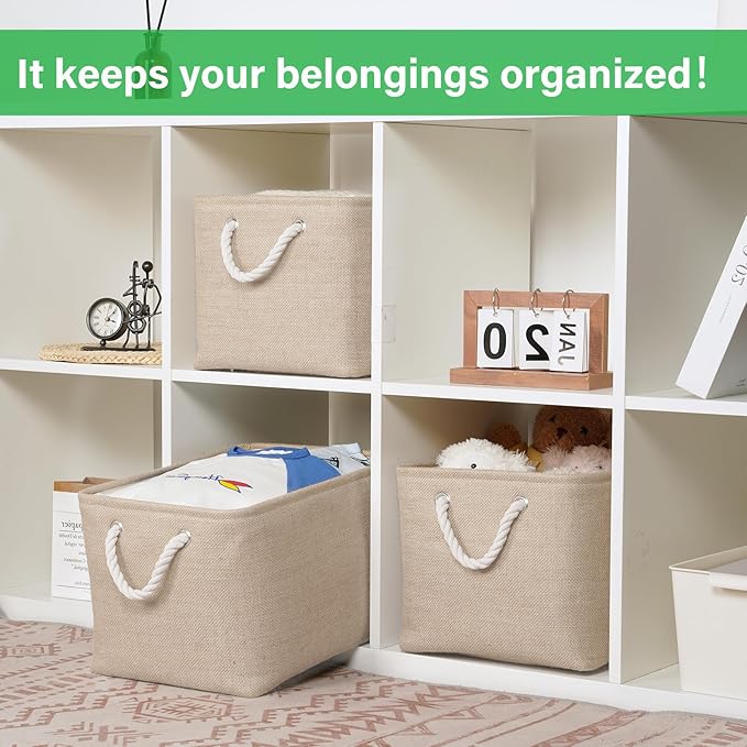 Bidtakay Large Storage Baskets for Shelves 3 Pack Fabric Storage Bins for Organizing Linen Collapsible Organizer for Closet-Flaxen-CubbioJoy