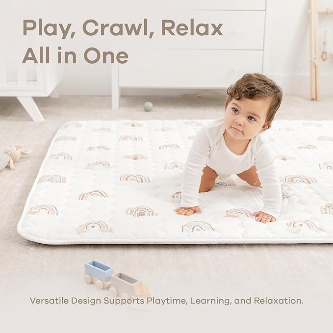 Comfy Cubs Square Kids Play Mat - 56 x 56 inches Soft Quilted Baby Floor Mat with Non-Slip Bottom - Plush Design for Toddlers' Playtime and Relaxation - Comfortable and Durable - Rainbow-CubbioJoy