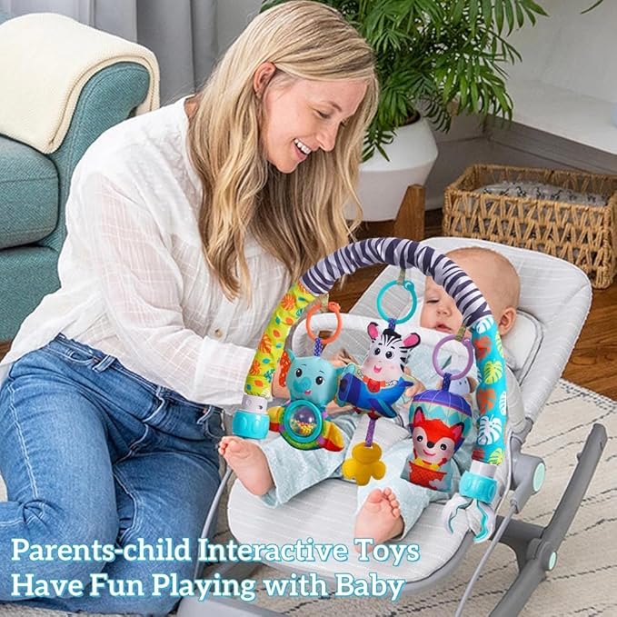 Baby Stroller Arch Mobile With Universal Clamps - Clip-On Activity Bar for Bassinet, Bouncer, Crib, Car Seat - Musical Infant Toys With Elephant Squeaker and Zebra Rattle-CubbioJoy
