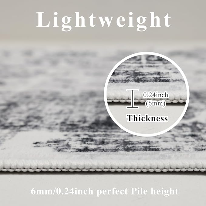 9x12 Area Rug Living Room Rugs, Stain Resistant Washable Rug, Vintage Large Non-Slip Backing, Low Pile Lightweight Print Rug for Bedroom Dinning Room Home Office (White/Grey)-CubbioJoy