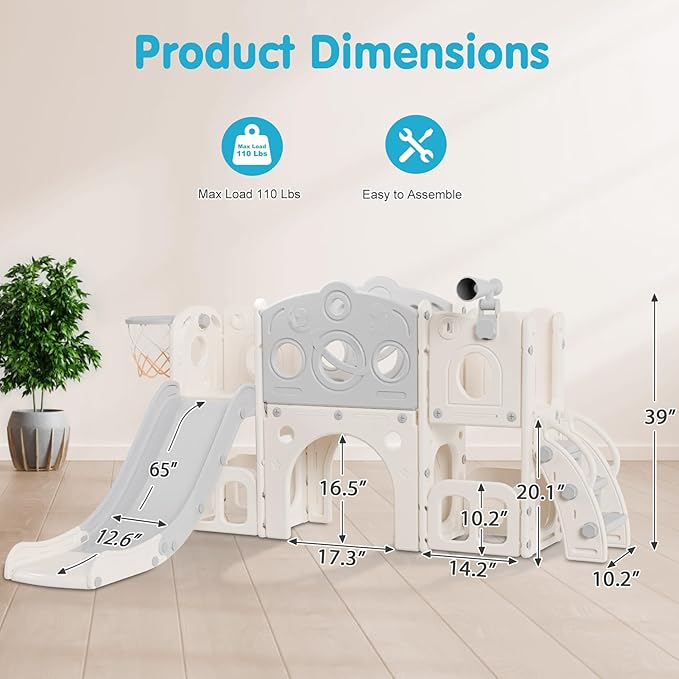 Babytronic Toddler Slide Set, 8 in 1 Kids Slide with Climber, Indoor Outdoor Slide for Toddlers Age 1-3, Toddler Playset with Basketball Hoop and Tunnel, Toddler Indoor Outdoor Playground (White&Gray)-CubbioJoy