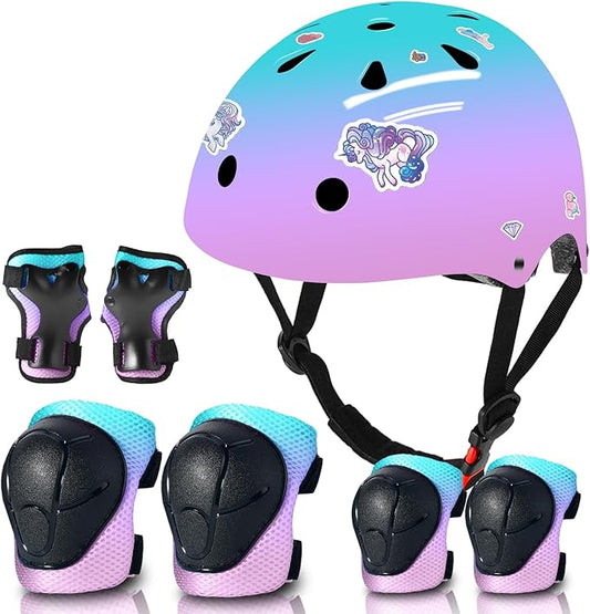Adjustable Kids Bike Helmet with Knee & Elbow Pads Set, Color Gradient Design for Boys and Girls Aged 3-14+, for Skateboarding, Scooter, Roller & Inline Skating, Longboard-CubbioJoy