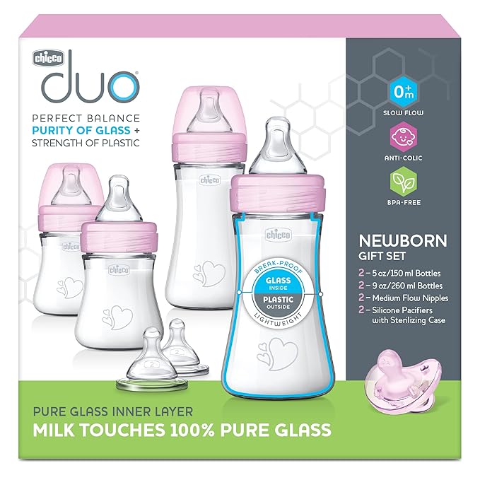 Chicco Duo Newborn Hybrid Baby Bottle Starter Gift Set with Invinci-Glass Inside and Plastic Outside | Dishwasher, Bottle Warmer, and Electric Sterilizer Safe | Intui-Latch Nipple | Clear/Pink-CubbioJoy