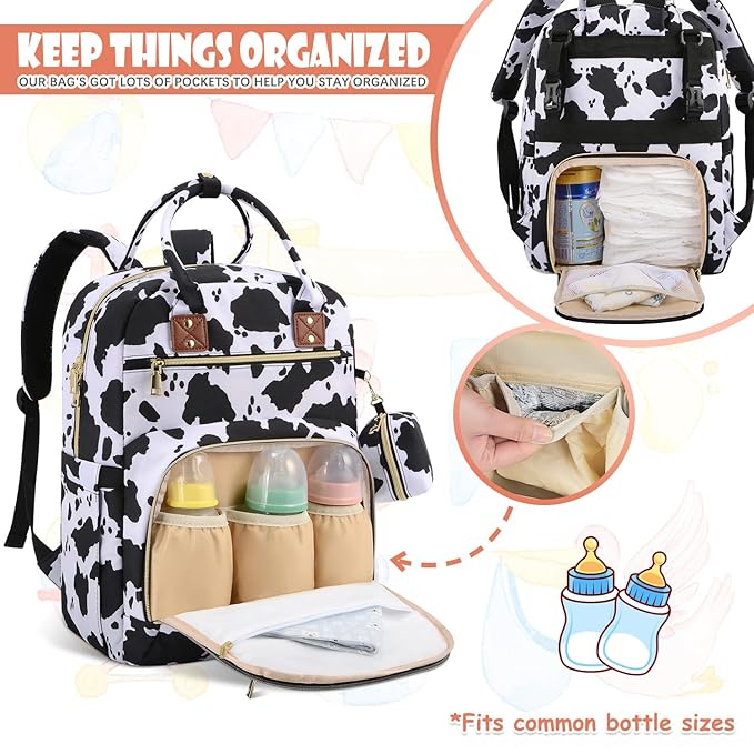 Baby Diaper Bag Backpack, Travel Diaper Bags for Baby Girl Boy Large Capacity Baby Bag Backpack for Women Cow Print-CubbioJoy
