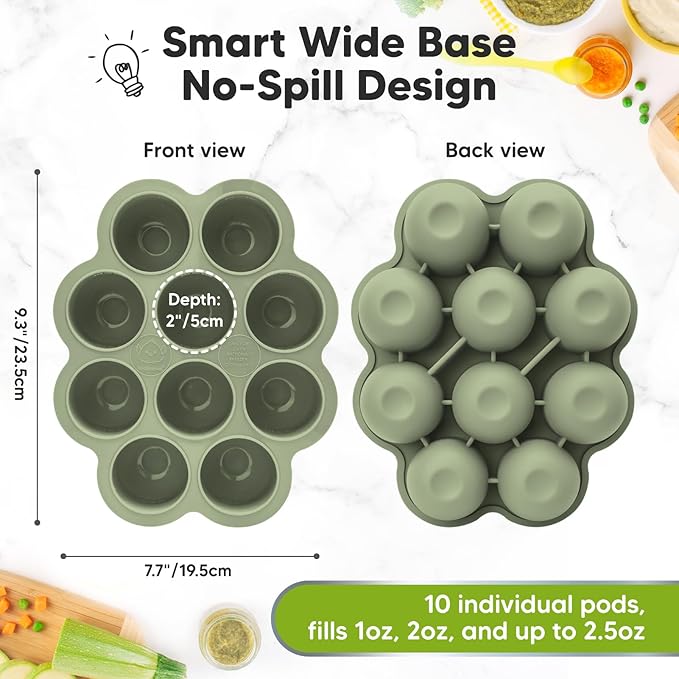 KeaBabies Silicone Food Freezer Trays with Lid, 2oz x 10 Pods Baby Food Storage Containers, Easy Puree Meal Prep, Breast Milk Silicone Freezer Molds, Dishwasher, Microwave Safe, BPA-Free (Sage)-CubbioJoy