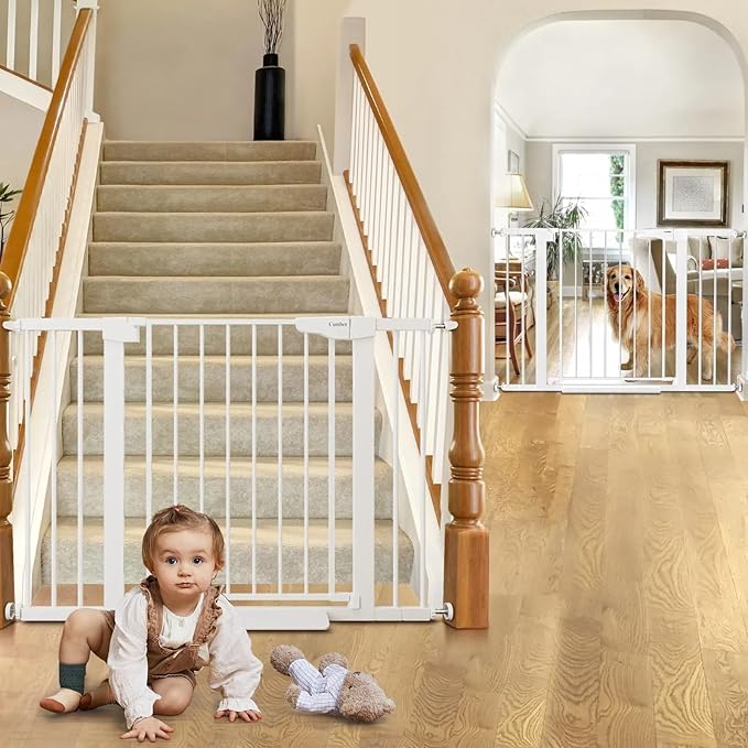 Cumbor 2 Pack 29.7-46" Baby Gate for Stairs, Mom's Choice Awards Winner-Auto Close Dog Gate for doorways, Easy Install Pressure Mounted Pet Gates indoor, Easy Walk Thru Wide Safety Gate for Dog, White-CubbioJoy