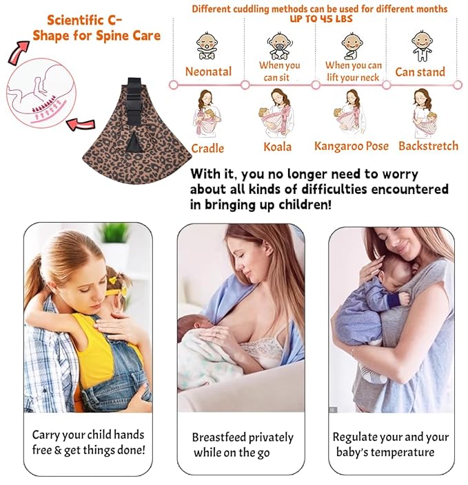Baby Sling Carrier Adjustable Baby Sling 2025 Upgraded Toddler Sling Comfortable Baby Wrap Carriers Ergonomic-Designed, Travel Friendly Carrying 10-45 LbsLeopard-CubbioJoy