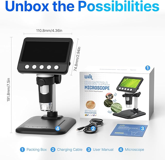 Coin Microscope, 4.3" LCD USB Digital 1000X Coin Magnifier with 8 Adjustable LED Lights, 1080P PC View Compatible with Windows/MacBook for Adults Kids-CubbioJoy