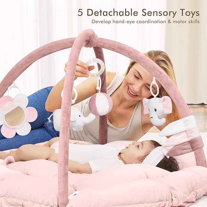 ANGELBLISS 5 in 1 Baby Play Gym Mat, Reversible Tummy Time Mat with 5 Sensory Toys for Stage-Based Developmental, Thick & Large Baby Activity Center from Newborn to Toddler (Purple)-CubbioJoy