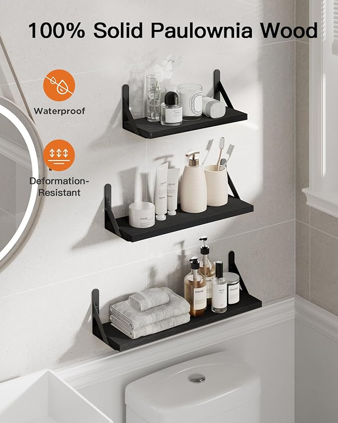 AMADA HOMEFURNISHING Wall Shelves Set of 6, Wood Floating Shelves for Decor, Rustic Farmhouse for Bedroom, Bathroom Storage, Book Shelves for Living Room, Black-CubbioJoy