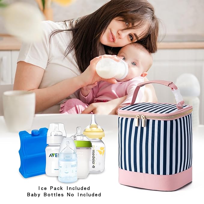 Breastmilk Cooler Bag with Ice Pack Fits 4 Baby Bottles Up to 9 Ounce, Baby Bottle Cooler Bag Suitable for Nursing Mom Daycare, Straps-CubbioJoy
