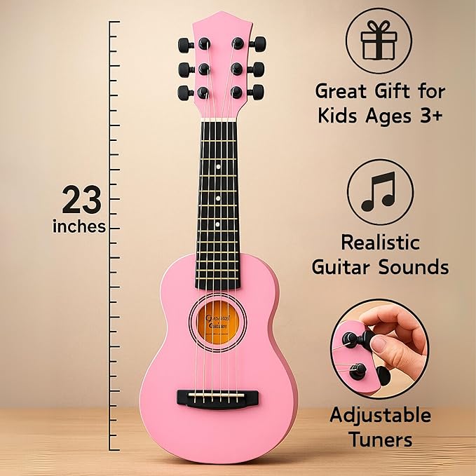 23" Acoustic Guitar, Kids 6 String Toy Guitar - Realistic Steel Strings - Beginner Practice First Musical Instrument for Children, Toddlers (Pink)-CubbioJoy