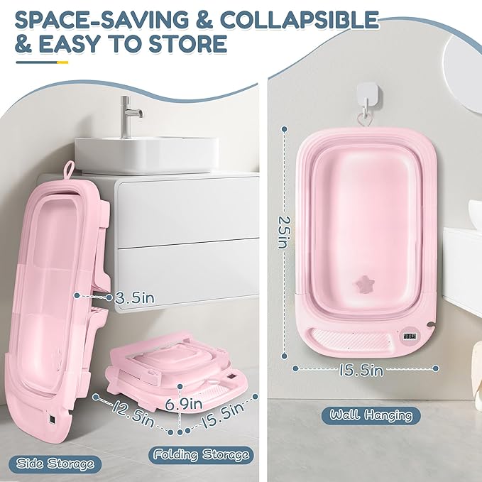 Collapsible Baby Bathtub,Baby Bath Tub with Thermometer & Soft Cushion,Baby Bathtub for Newborn to Toddler 0-36 Months,Portable Travel Baby Tub with No-Slip Feet,Baby Shower Gifts,Pure Pink-CubbioJoy
