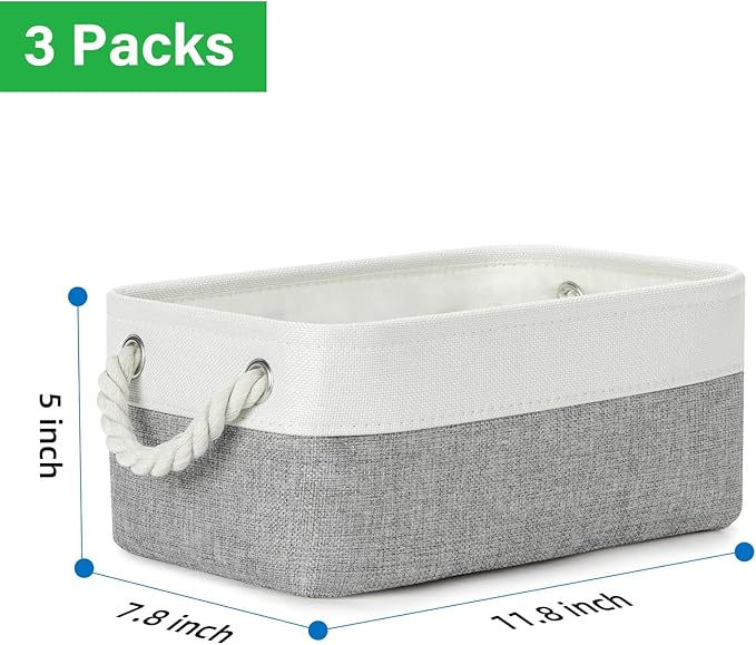 Bidtakay Small Baskets Fabric Storage Baskets for Organizing 3-Pack 12x8x5 Inch Collapsible Storage Bins for Shelves Canvas Bins for Closet Organization Home Baskets Storage Linen Closet S-White&Grey-CubbioJoy