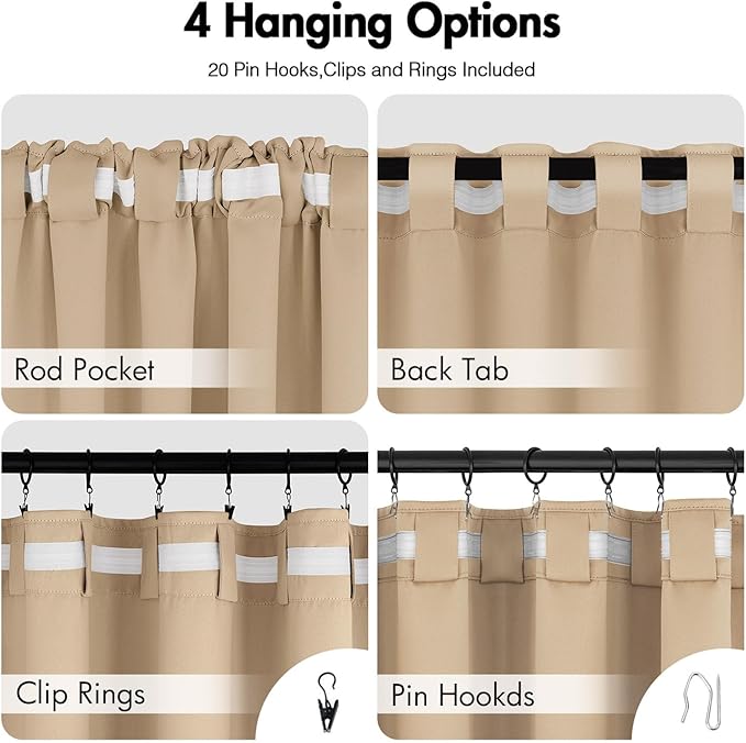 ANRODUO Back Tab Blackout Curtains for Bedroom Living Room, Rod Pocket Pinch Pleated Thermal Insulated Room Darkening Curtains 72 Inches Long 2 Panels, Beige, 42 x 72 Inch-CubbioJoy