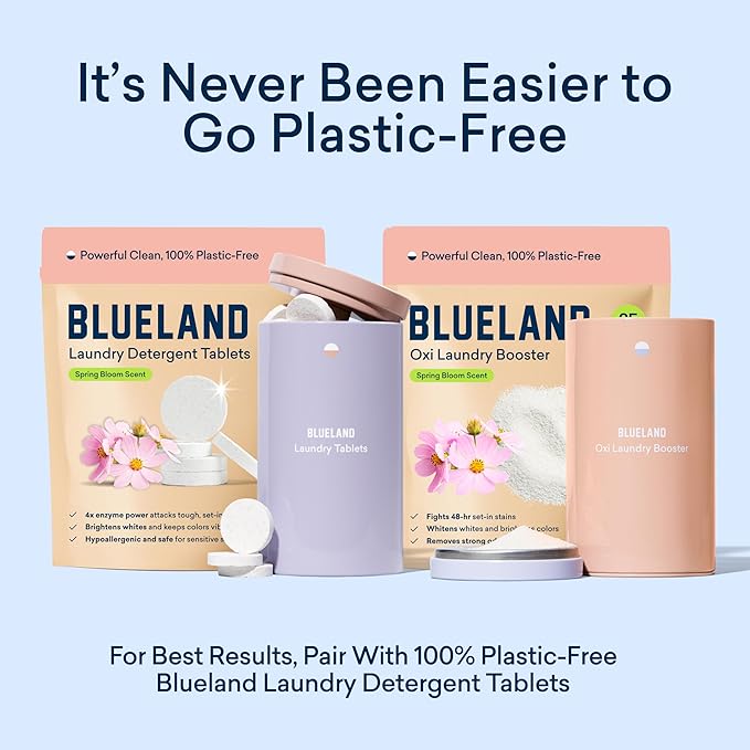 BLUELAND Oxi Laundry Booster Powder with Tin, Starter Set, Spring Bloom Scent, 25 Loads, 17.6 oz, Plastic-Free, Eco Friendly, Oxy Cleaner, Stain Remover-CubbioJoy