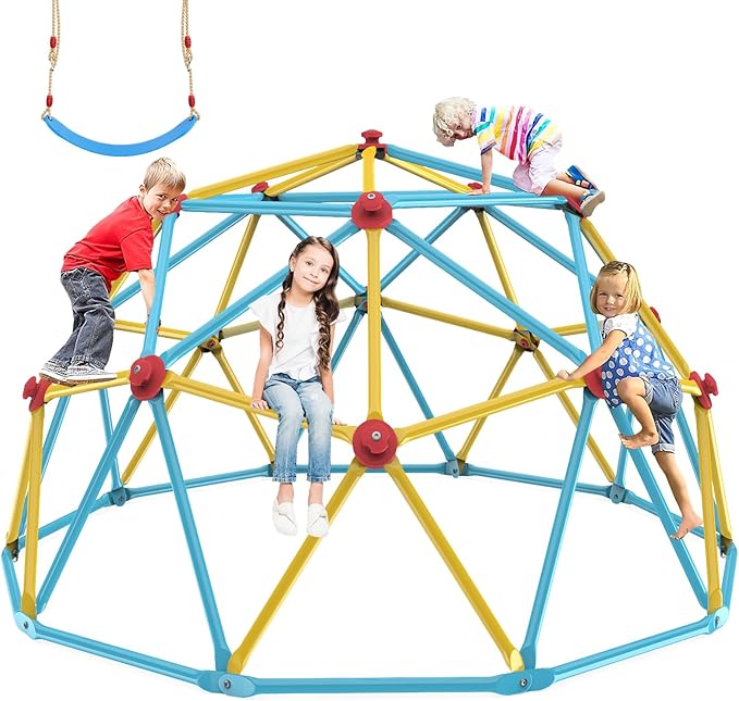 Climbing Dome, 10FT Jungle Gym with Swing for Kids 3 to 10 Outdoor Play Equipment, Supports 800lbs Toddler Play Set, Anti-Rust & Easy Assembly, Gift for Boys Girls (Yellow & Blue)-CubbioJoy