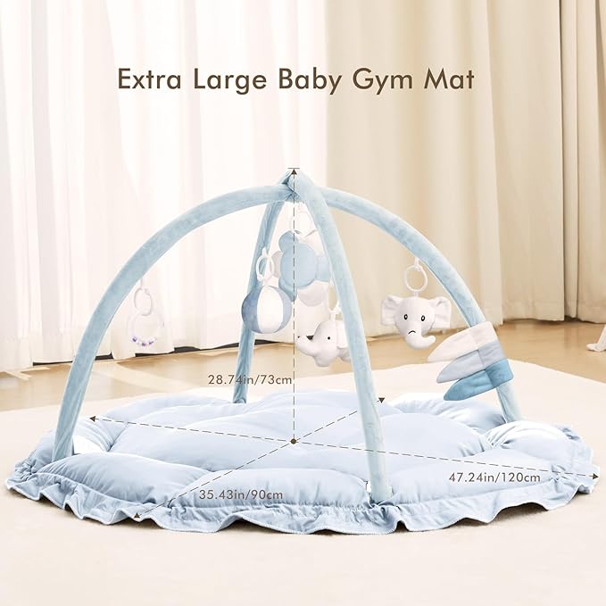 ANGELBLISS 5 in 1 Baby Play Gym Mat, Reversible Tummy Time Mat with 5 Sensory Toys for Stage-Based Developmental, Thick & Large Baby Activity Center from Newborn to Toddler (Light Blue)-CubbioJoy