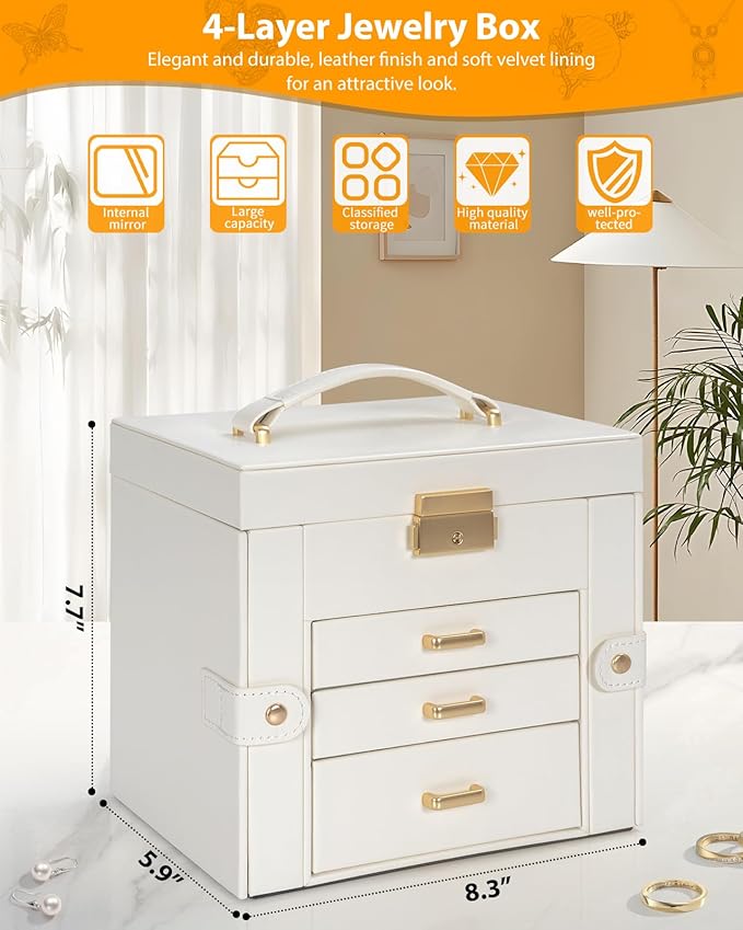 AKOZLIN 4-Tier Jewelry Box Leather Jewelry Storage Organizer with 3 Drawers Lockable for Women Girls Ring Necklace Earring Bracelet Holder with Mirror White-CubbioJoy