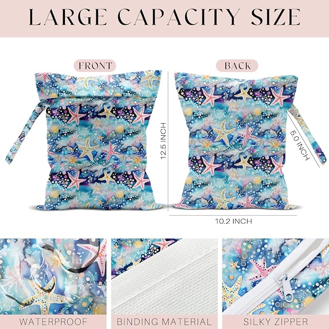 Wet Bag for Swimsuit, Beach Travel Essentials Wet Dry Bag, for Sunscreen Toiletry Dirty Clothes Yoga Gym Diaper, Friends Summer Beach Vacation Gifts. Colorful starfish coral-CubbioJoy