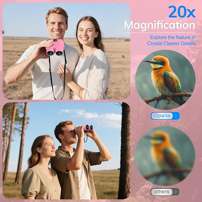 Compact Binoculars for Adults High Powered - OPAITA 20x32 Small Binoculars for Adults Kids with Low Light Vision for Hunting Cruise Ship Travel Concert Hiking Pink-CubbioJoy